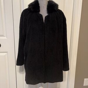 Express Sz ML Black Fuzzy Soft Teddy Faux Fur Open Sweater Jacket Whimsigoth Y2K